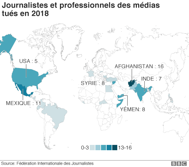 Carte des journalistes et professionnels des média tués en 2018