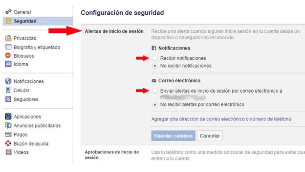 Página de Facebook en la que configuras las alertas de ingreso