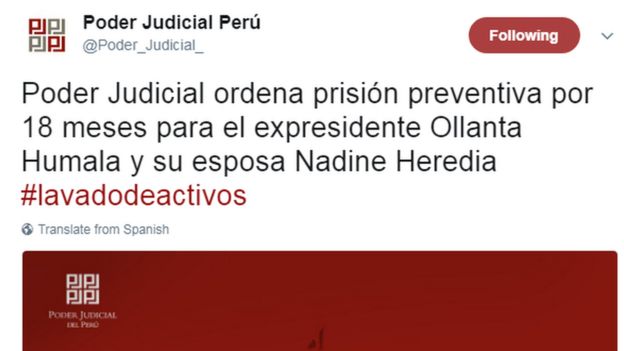 Captura de pantalla del Twitter del Poder Judicial de Perú