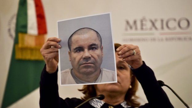 Mexico's Attorney General Arely Gomez shows a picture of Mexican drug kingpin Joaquin "El Chapo" Guzman