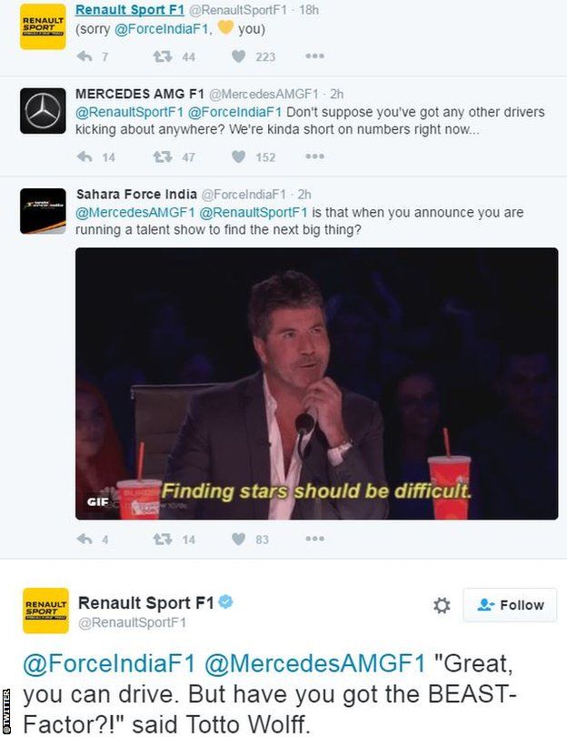 Renault, Force India and Mercedes tweets
