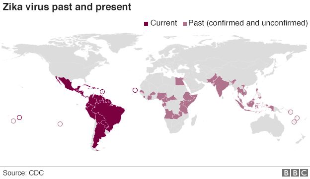 World map showing past and present cases of Zika virus