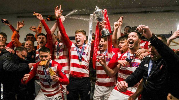 Hamilton players celebrate winning the SPFL Trust Trophy in the dressing room