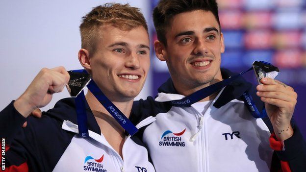 Jack Laugher and former house-mate Chris Mears on the podium with their silver medals after finishing second in the men's synchronised 3m springboard at the 2018 European Championships in Edinburgh