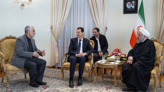 soleimani (L), bashar al assad and hassan Rouhani
