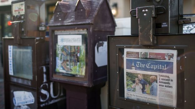 A newspaper stand selling the Capital Gazette is pictured in Annapolis, Maryland, on June 28, 2018.