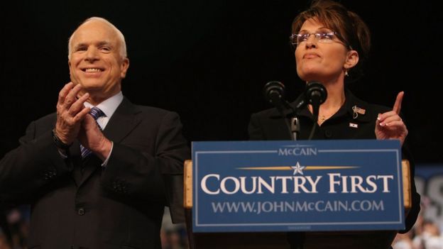Alaska Gov. Sarah Palin speaks as Republican presidential nominee John McCain looks on at a campaign rally August 29, 2008 in Dayton, Ohio.
