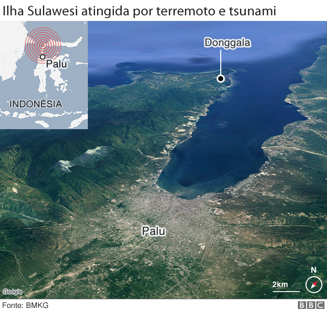 Mapa da área atingida pelo terremoto e tsunami