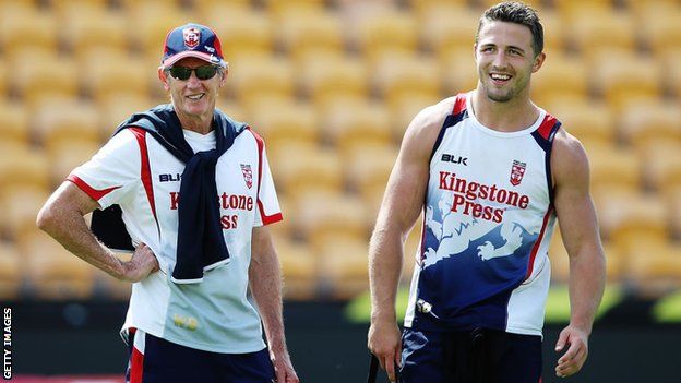 England coach Wayne Bennett with Sam Burgess