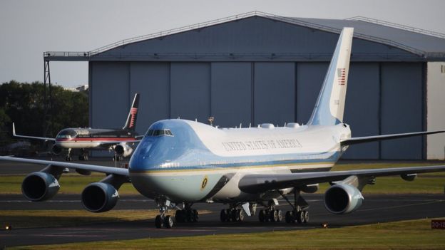 Air Force One seen at Prestwick Airport during the president's 2018 visit