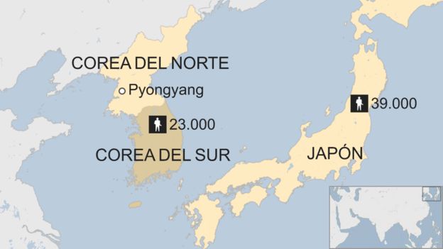 El mapa muestra que EE.UU. tiene 23.000 militares en Corea del Sur y 39.000 en JapÃ³n.