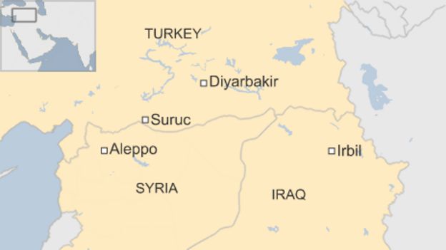 Map showing Turkey, Syria, Iraq