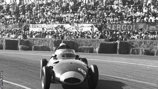 Former Great Britain F1 driver Stirling Moss in action at the 1958 Grand Prix of Morocco