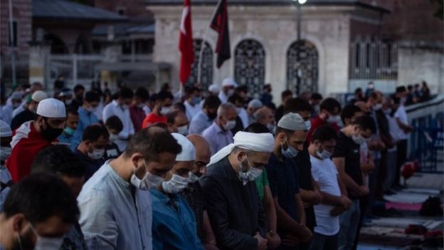 Muslim prayer outside the Hagia Sophia on 10 July 2020