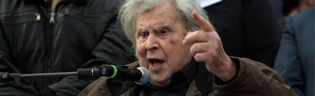 Greek composer Mikis Theodorakis gives a speech during a demonstration to urge the government not to compromise in the festering name row with neighbouring Macedonia, at the Syntagma Square in Athens, on 4 February 2018
