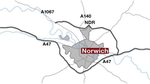 Graphic showing the planned Norwich northern distributor road