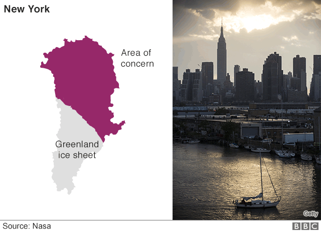 For New York, the area of concern is the ice sheet's entire northern and eastern portions