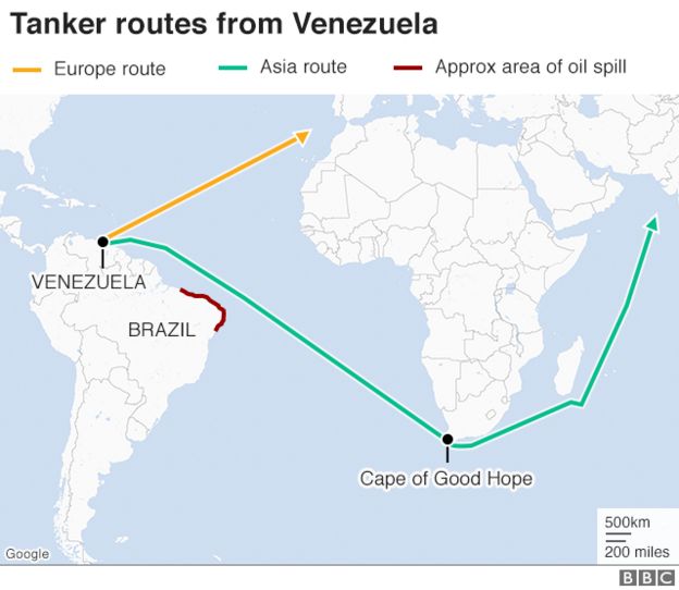 Mapa das rotas de petroleiros da Venezuela para a Ásia e Europa