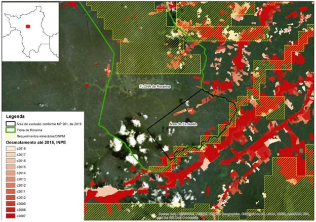 Mapa mostrando áreas de interesse de mineração em Roraima