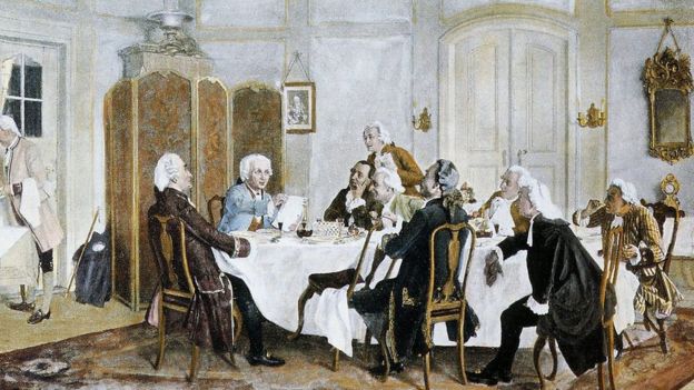 Kant con sus comensales hacia 1788 (Emil Doerstling, 1892).