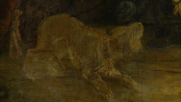 Rembrandt le puso un elegante collar al perro, y le añadió un pendiente de oro con un pequeñísimo destello de pintura roja