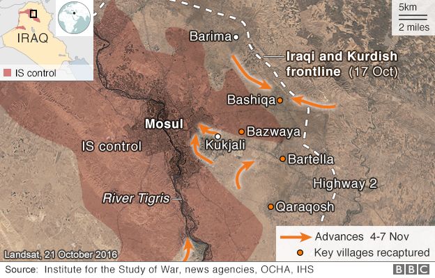 Map showing government forces advances around the Iraqi city of Mosul
