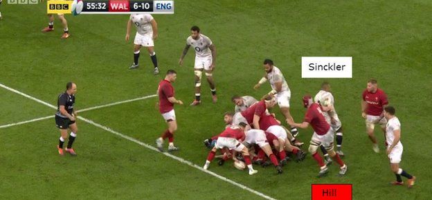 Wales second row Cory Hill needlessly tugs on Sinckler's arm on the blind side of a breakdown.