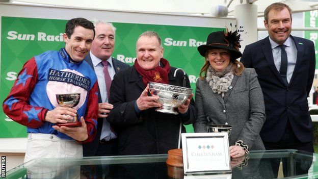 Paisley Park's jockey Aidan Coleman, owner Andrew Gemmell and owner Emma Lavelle