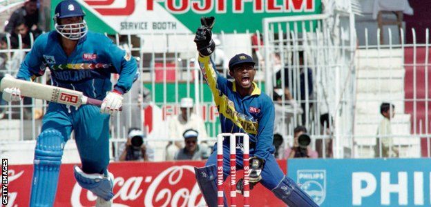 England lose a wicket against Sri Lanka in 1996