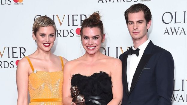 Denise Gough (left) with best actress winner Billie Piper and Andrew Garfield