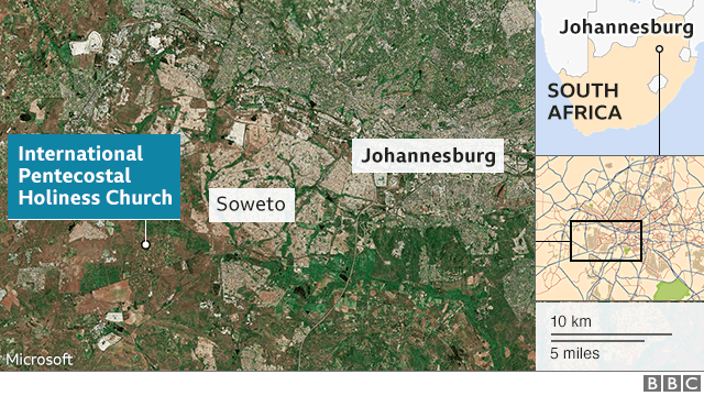 Um mapa mostrando onde a igreja está na África do Sul