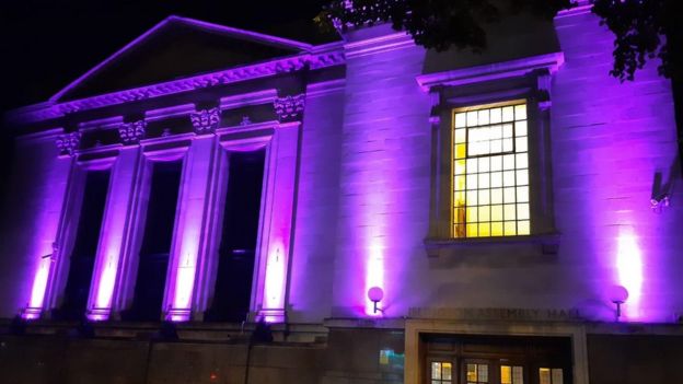 Islington Assembly Hall in London turned purple on Tuesday evening to honour George Floyd's memory