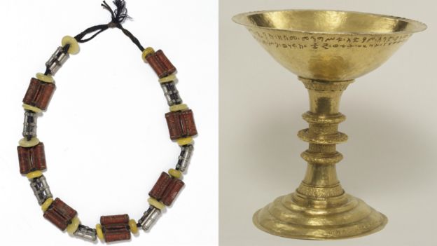 V&A Museum, Maqdala 1868 display: L: Ethiopian silver leather and amber necklace formerly in the possession of Queen Terunesh R: Gold chalice with incised inscription, made by Walda Giyorgis, Gonder, Ethiopia, 1732-1740