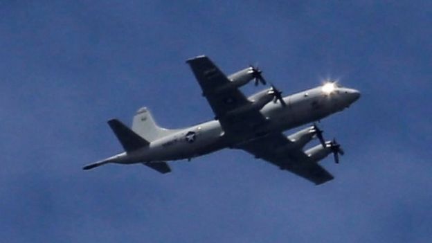 A US P3 Orion surveillance aircraft seen flying over Marawi on Friday