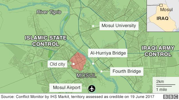 Map showing control of Mosul, Iraq (19 June 2017)