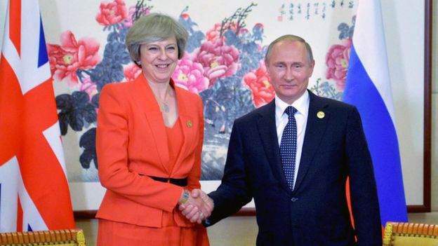 Theresa May and Vladimir Putin in 2016