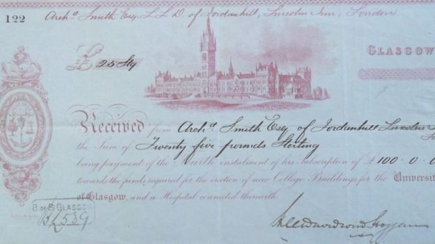 Donation of £100 by Archibald Smith II to Glasgow University in 1870