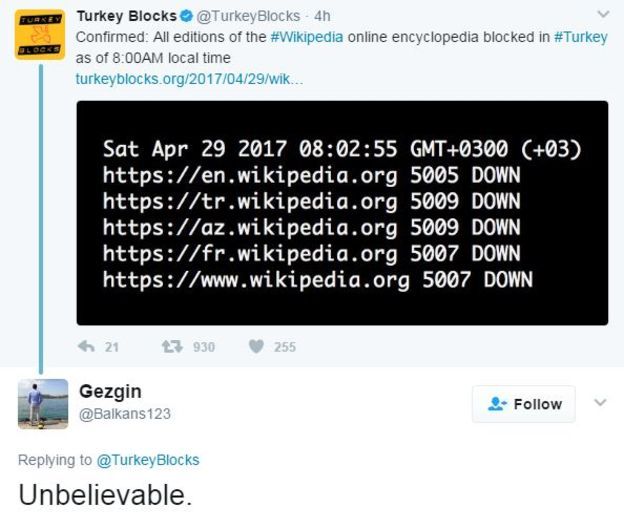 Screenshot of tweet showing Wikipedia has been blocked in Turkey