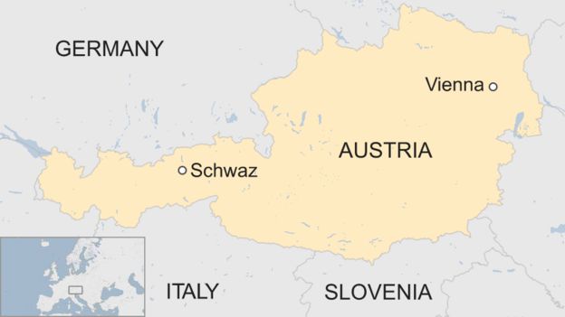 Map shows the location of the city of Schwaz in Austria
