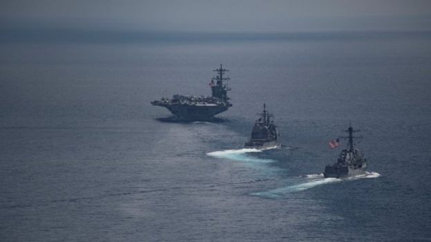 The USS Carl Vinson (left) and other warships in the Indian Ocean. Photo: 14 April 2017