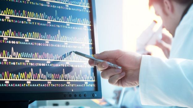 Doctor analysing DNA sequence on computer screen