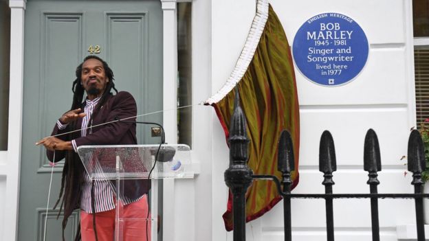Poet Benjamin Zephaniah unveils an English Heritage blue plaque for Bob Marley,