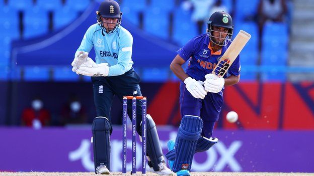Alex Horton keeps wicket for England U19 as Nishant Sindhu of India plays a shot