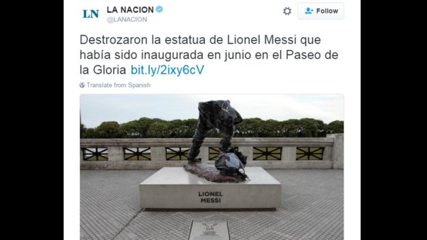 Tweet from La Nacion on the damage to the Lionel Messi statue