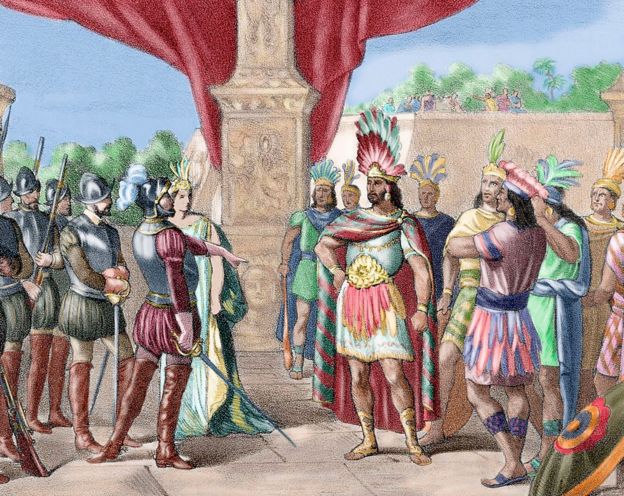Ilustración de Moctezuma Xocoyotzin en su encuentro con Hernán Cortés