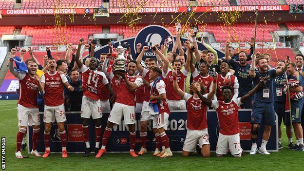 Arsenal players celebrate with the FA Cup trophy after beating Chelsea behind closed doors in the 2020 final at Wembley stadium