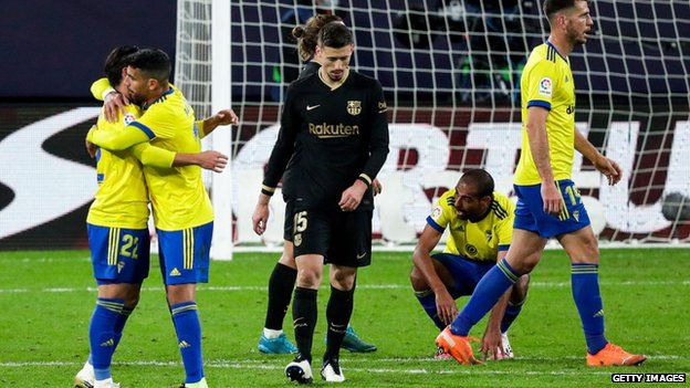 Barcelona's Clement Lenglet looks frustrated as Cadiz secure a surprise win
