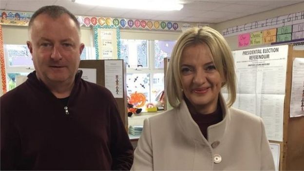 Liadh NÃ­ Riada with husband Nicky at their voting station in Cork