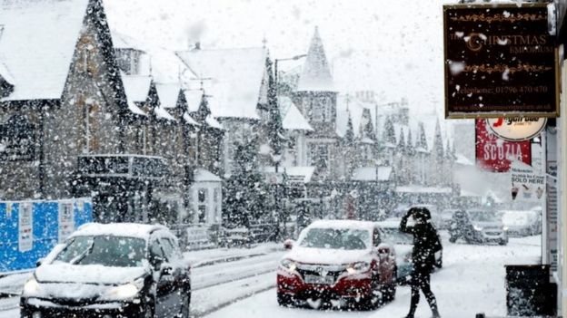 Snowy street scenes in Pitlochry, Scotland, on Friday