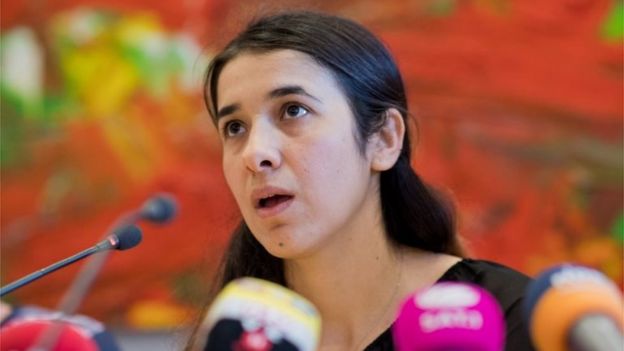 Yazidi woman Nadia Murad Bansee Taha speaking at the state parliament in Hanover, Germany, on 31 May 2016